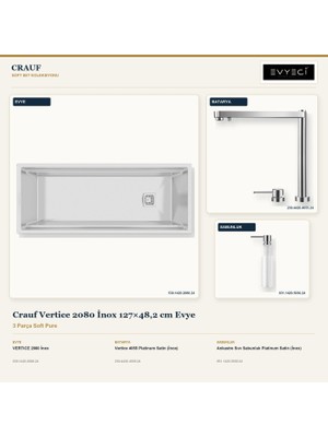 Crauf Vertice 2080 Inox 127X48,2 cm Evye + Vertice 4055 Batarya + Sabunluk 3 Parça Set