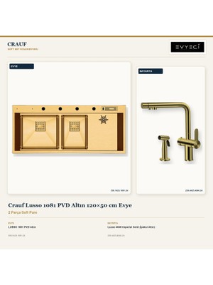 Crauf Lusso 1081 Altın 120X50 cm Evye + Lusso 4040 Batarya 2 Parça Set