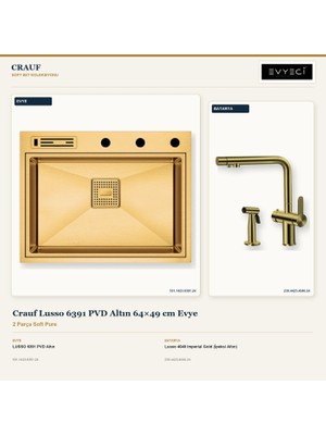 Crauf Lusso 6391 Altın 64X49 cm Evye + Lusso 4040 Batarya 2 Parça Set