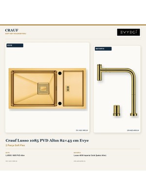 Crauf Lusso 1085 Altın 82X43 cm Evye + Lusso 4030 Batarya 2 Parça Set
