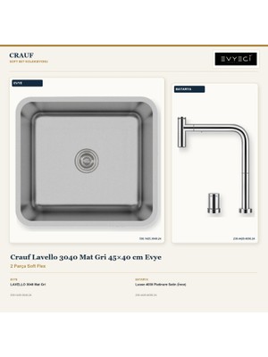 Crauf Lavello 3040 Mat Gri 45X40 cm Evye + Lusso 4030 Batarya 2 Parça Set