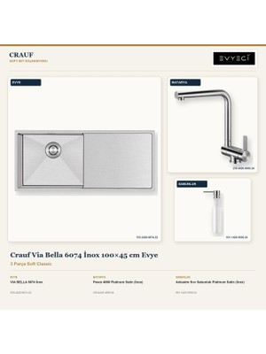 Crauf Via Bella 6074 Inox 100X45 cm Evye + Pesce 4060 Batarya + Sabunluk 3 Parça Set