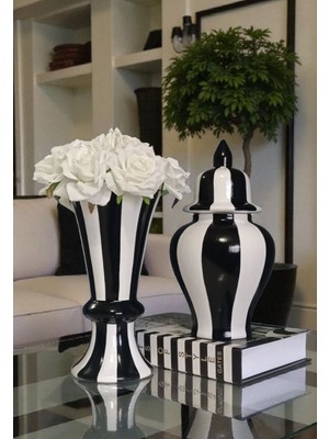 Vera Home Decor Annoville Seramik El Boyaması Çizgi Desenli Vazo Beyaz - Siyah 25 cm Şah Küp
