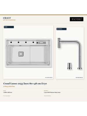 Crauf Lusso 1055 Inox 80X48 cm Evye + Lusso 4030 Batarya 2 Parça Set