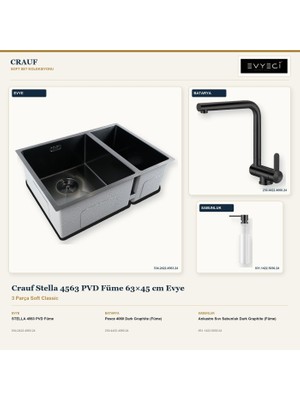 Crauf Stella 4563 Füme 63X45 cm Evye + Pesce 4060 Batarya + Sabunluk 3 Parça Set