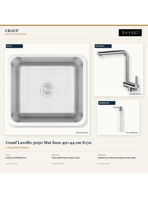 Crauf Lavello 3050 Mat Inox 49X44 cm Evye + Pesce 4060 Batarya + Sabunluk 3 Parça Set