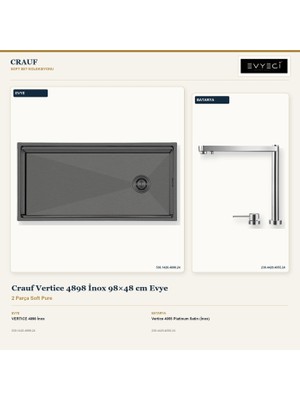 Crauf Vertice 4898 Inox 98X48 cm Evye + Vertice 4055 Batarya 2 Parça Set