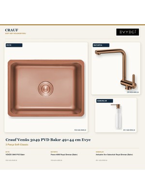 Crauf Venüs 3049 Bakır 49X44 cm Evye + Pesce 4060 Batarya + Sabunluk 3 Parça Set