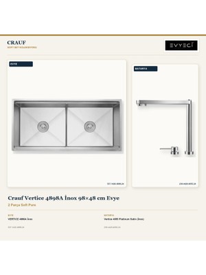 Crauf Vertice 4898A Inox 98X48 cm Evye + Vertice 4055 Batarya 2 Parça Set