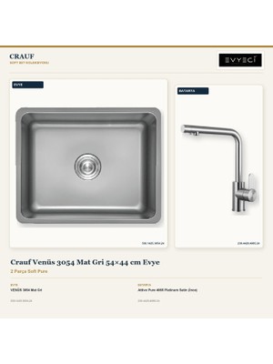 Crauf Venüs 3054 Mat Gri 54X44 cm Evye + Attivo Pure 4065 Batarya 2 Parça Set