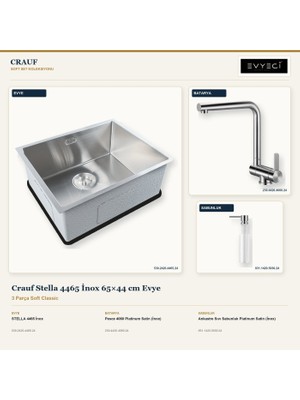 Crauf Stella 4465 Inox 65X44 cm Evye + Pesce 4060 Batarya + Sabunluk 3 Parça Set