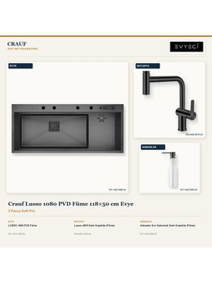Crauf Lusso 1080 Füme 118X50 cm Evye + Lusso 4035 Batarya + Sabunluk 3 Parça Set