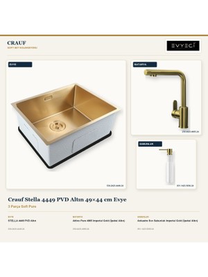 Crauf Stella 4449 Altın 49X44 cm Evye + Attivo Pure 4065 Batarya + Sabunluk 3 Parça Set