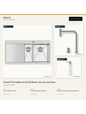 Crauf Via Lattea 6175 Sol Inox 100X51 cm Evye + Lusso 4030 Batarya + Sabunluk 3 Parça Set