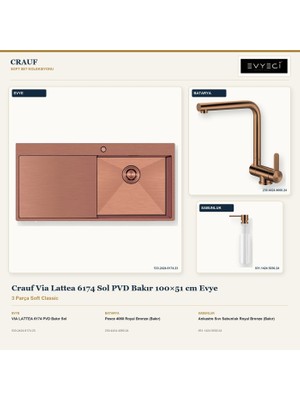 Crauf Via Lattea 6174 Sol Bakır 100X51 cm Evye + Pesce 4060 Batarya + Sabunluk 3 Parça Set