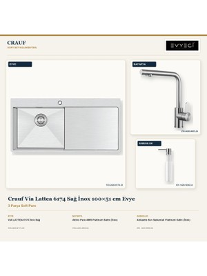 Crauf Via Lattea 6174 Sağ Inox 100X51 cm Evye + Attivo Pure 4065 Batarya + Sabunluk 3 Parça Set