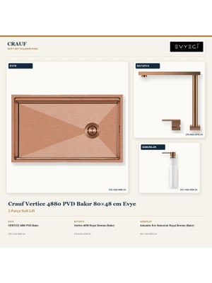 Crauf Vertice 4880 Bakır 80X48 cm Evye + Vertice 4050 Batarya + Sabunluk 3 Parça Set
