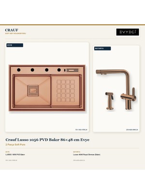 Crauf Lusso 1056 Bakır 86X48 cm Evye + Lusso 4040 Batarya 2 Parça Set
