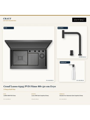 Crauf Lusso 6395 Füme 88X50 cm Evye + Lusso 4030 Batarya + Sabunluk 3 Parça Set