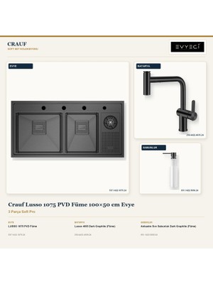 Crauf Lusso 1075 Füme 100X50 cm Evye + Lusso 4035 Batarya + Sabunluk 3 Parça Set