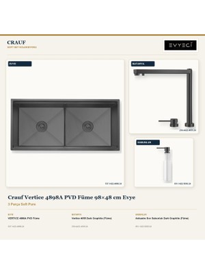Crauf Vertice 4898A Füme 98X48 cm Evye + Vertice 4055 Batarya + Sabunluk 3 Parça Set