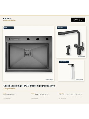 Crauf Lusso 6391 Füme 64X49 cm Evye + Lusso 4040 Batarya + Sabunluk 3 Parça Set
