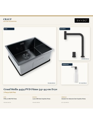 Crauf Stella 4454 Füme 54X44 cm Evye + Lusso 4030 Batarya + Sabunluk 3 Parça Set
