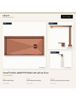 Crauf Vertice 4898 Bakır 98X48 cm Evye + Vertice 4050 Batarya + Sabunluk 3 Parça Set