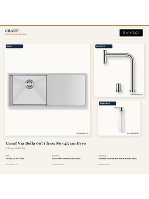 Crauf Via Bella 6071 Inox 80X45 cm Evye + Lusso 4030 Batarya + Sabunluk 3 Parça Set