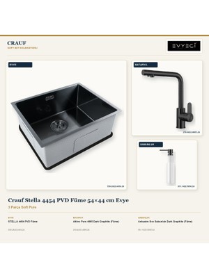Crauf Stella 4454 Füme 54X44 cm Evye + Attivo Pure 4065 Batarya + Sabunluk 3 Parça Set