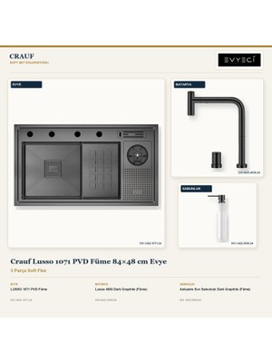 Crauf Lusso 1071 Füme 84X48 cm Evye + Lusso 4030 Batarya + Sabunluk 3 Parça Set