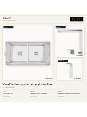 Crauf Vertice 2055 Inox 91,4X48,2 cm Evye + Vertice 4050 Batarya + Sabunluk 3 Parça Set