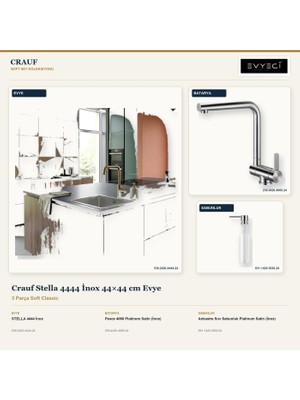Crauf Stella 4444 Inox 44X44 cm Evye + Pesce 4060 Batarya + Sabunluk 3 Parça Set