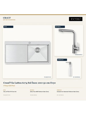 Crauf Via Lattea 6174 Sol Inox 100X51 cm Evye + Attivo Pure 4065 Batarya + Sabunluk 3 Parça Set