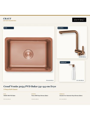 Crauf Venüs 3054 Bakır 54X44 cm Evye + Pesce 4060 Batarya + Sabunluk 3 Parça Set
