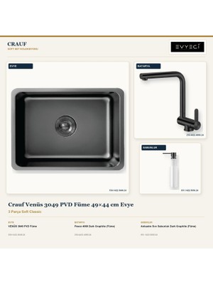 Crauf Venüs 3049 Füme 49X44 cm Evye + Pesce 4060 Batarya + Sabunluk 3 Parça Set