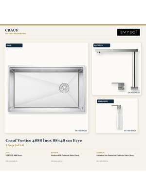 Crauf Vertice 4888 Inox 88X48 cm Evye + Vertice 4050 Batarya + Sabunluk 3 Parça Set