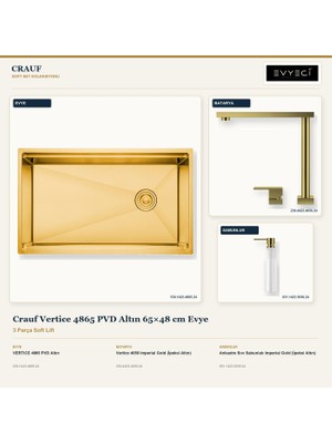 Crauf Vertice 4865 Altın 65X48 cm Evye + Vertice 4050 Batarya + Sabunluk 3 Parça Set