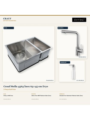 Crauf Stella 4563 Inox 63X45 cm Evye + Attivo Pure 4065 Batarya + Sabunluk 3 Parça Set