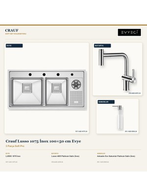 Crauf Lusso 1075 Inox 100X50 cm Evye + Lusso 4035 Batarya + Sabunluk 3 Parça Set