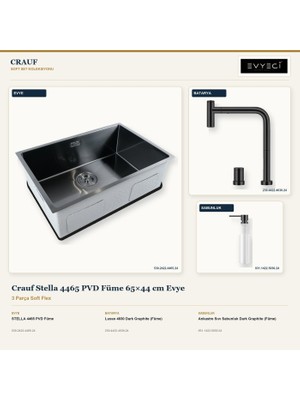 Crauf Stella 4465 Füme 65X44 cm Evye + Lusso 4030 Batarya + Sabunluk 3 Parça Set