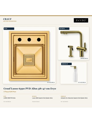Crauf Lusso 6390 Altın 38X47 cm Evye + Lusso 4040 Batarya + Sabunluk 3 Parça Set