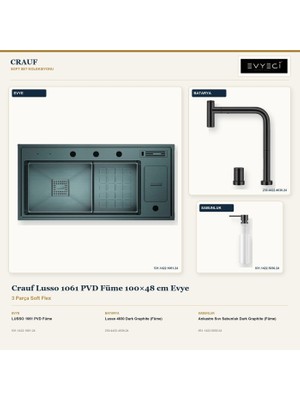 Crauf Lusso 1061 Füme 100X48 cm Evye + Lusso 4030 Batarya + Sabunluk 3 Parça Set