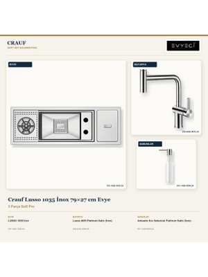 Crauf Lusso 1035 Inox 79X27 cm Evye + Lusso 4035 Batarya + Sabunluk 3 Parça Set