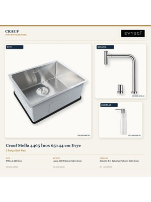 Crauf Stella 4465 Inox 65X44 cm Evye + Lusso 4030 Batarya + Sabunluk 3 Parça Set