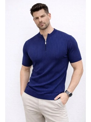 Janes Erkek Kısa Kol Fitilli Triko T-Shirt Yazlık Hakim Yaka Tişört - Lacivert