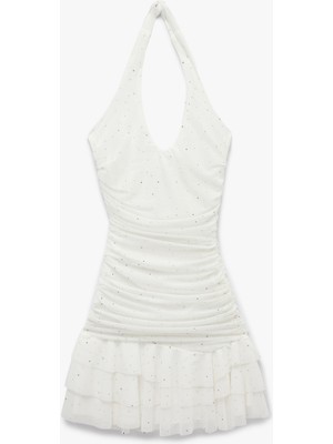 Koton Sırt Detaylı Drapeli Taşlı Halter Yaka Kolsuz Mini Tül Bridal Elbise