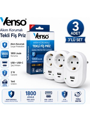 3’lü Set Venso 1800 Joule Akım Korumalı Tekli Fiş Priz USB + Usb-C