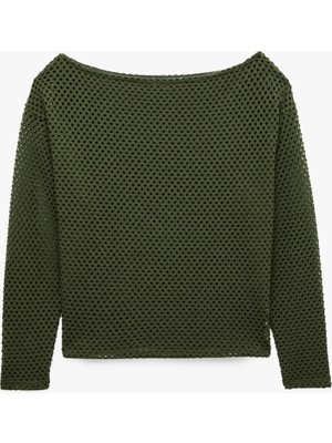 Koton File Dokulu Uzun Kollu Kayık Yaka Oversize Bluz