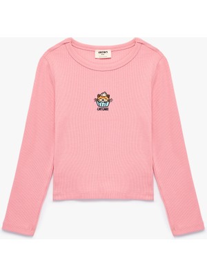 Koton Kedi Nakışlı Slim Fit Pamuklu Kaşkorse Bisiklet Yaka Uzun Kollu Tişört